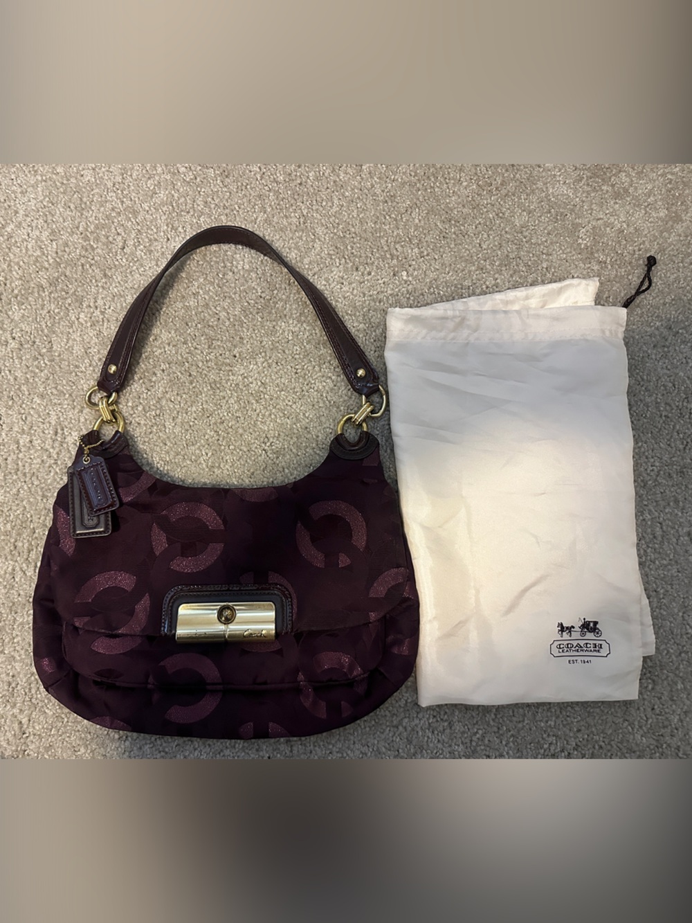 Coach Plum Signature Jacquard Shoulder Bag with Gold-Tone Hardware